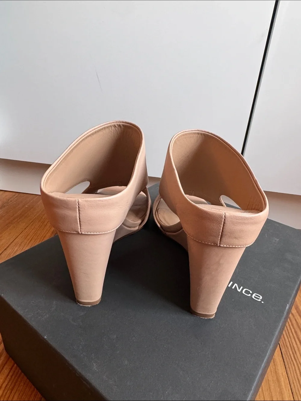 Vince Blush Tan Leather Open-Toe Wedge Mules